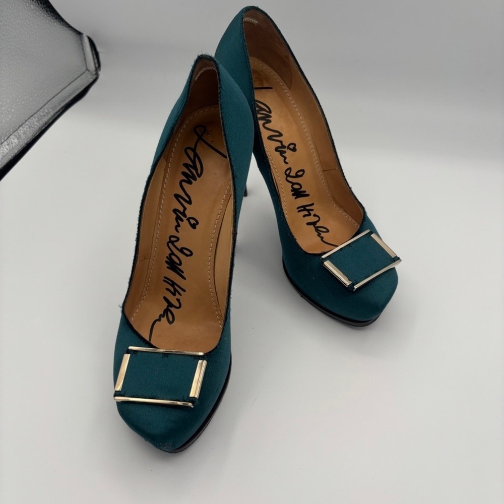 Lanvin Platform Pumps Women Sz 39 Teal Satin Buckle Stiletto Heel Luxury - Picture 3 of 16